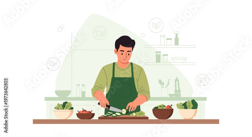 Man Cooking Healthy Salad in Kitchen, Chopping Fresh Vegetables for Meal Preparation