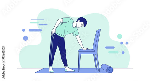 Man doing side bend stretch using chair for support on yoga mat, home workout