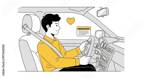 Man driving car with seatbelt on, reminder note and heart icon