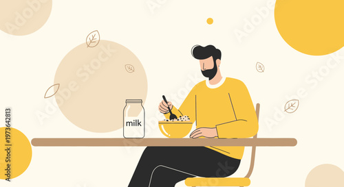 Man eating cereal with milk for breakfast, healthy morning meal, flat illustration style