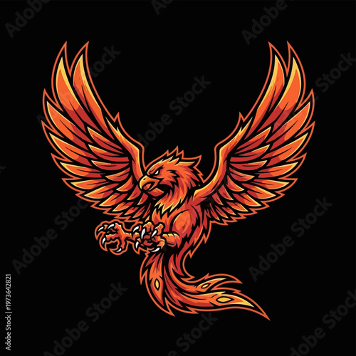 Majestic Phoenix Bird with Fiery Feathers and Spread Wings.