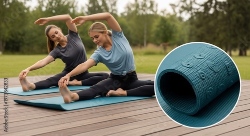 Two Women Stretching on Yoga Mats Outdoors with Close-Up of Textured Mat