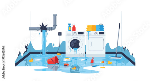 A burst pipe leaks water into a laundry room, causing a flood around washing machines, cleaning supplies, and scattered household items in the house.