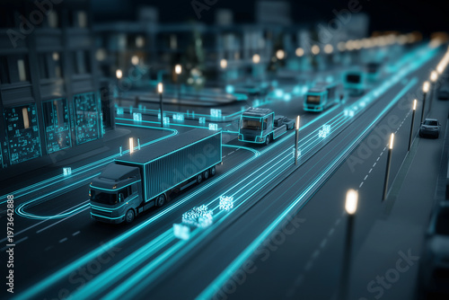 Digital twin environment showing synchronized AI agents optimizing logistics, represented by moving data packets along smart routes