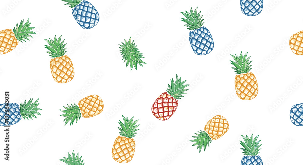 Fototapeta premium Vibrant seamless pattern of hand drawn pineapples in various colors including blue, yellow, and red on a clean white background for textile art.