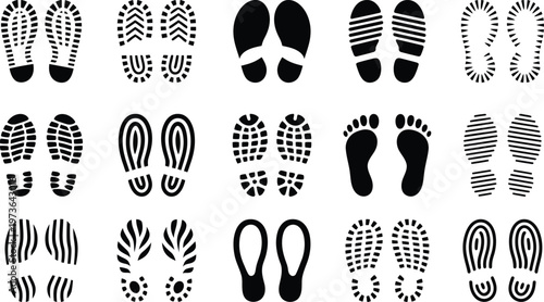 Collection of different human footprints, shoe sole prints and bare feet tracks