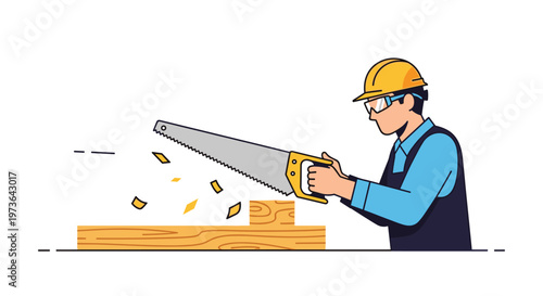 A diligent construction worker wearing a bright yellow hard hat and protective glasses saws a wooden plank while creating flying sawdust in a bright space.