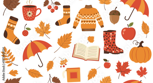 Seamless autumn pattern featuring cozy seasonal elements like warm sweaters, woolen socks, falling leaves, hot coffee, and ripe pumpkins.
