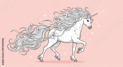 Majestic white unicorn with a long flowing mane and tail adorned with delicate flowers prancing gracefully against a soft pink background.