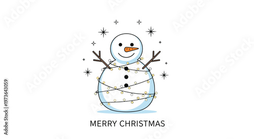 Cheerful snowman decorated with a glowing string of fairy lights and surrounded by twinkling stars to wish a merry Christmas.