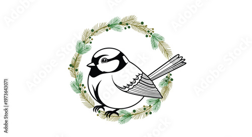 Delicate black and white line art illustration of a small bird perched within a circular green pine needle wreath.