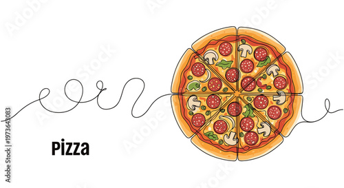 Delicious looking whole pizza topped with mushrooms and pepperoni slices displayed with a creative continuous line art style.