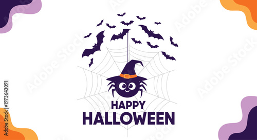 Spooky and cute happy halloween illustration featuring a spider wearing a witch hat with bats flying in a web.