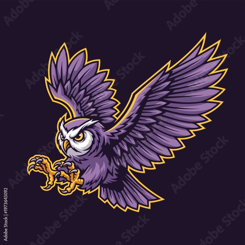 Majestic Purple Owl in Flight with Golden Talons.