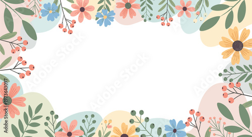 Decorative floral border featuring various colorful flowers green leaves and red berries on a soft pastel background.