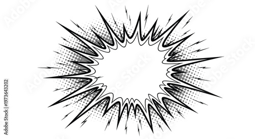 Bold black and white comic book style explosion burst with sharp jagged edges and a dotted halftone texture.