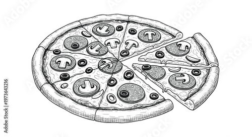 Detailed black and white line drawing of a delicious whole pizza topped with mushrooms pepperoni slices and olives.
