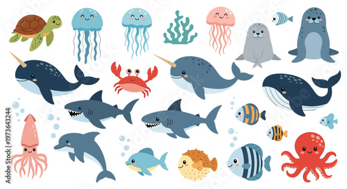 Large collection of cute cartoon sea animals including whales, sharks, dolphins, jellyfish, and fish for children education and school materials.