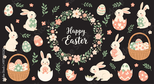 Beautiful Happy Easter design elements set with cute bunnies, colorful floral wreaths, and decorated eggs for festive holiday greeting cards.