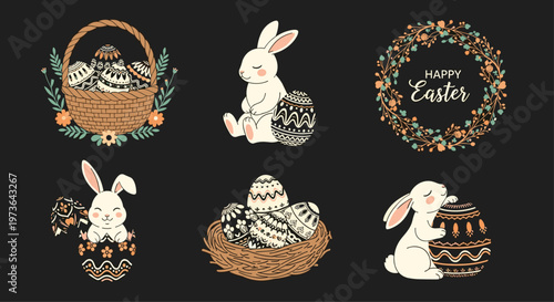 Collection of Easter themed illustrations featuring cute white bunnies playing with beautifully patterned eggs and decorative floral wreaths.
