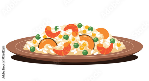 Tasty plate of fried rice with shrimp and green peas presented in a simple flat illustration style on a white background for food applications.