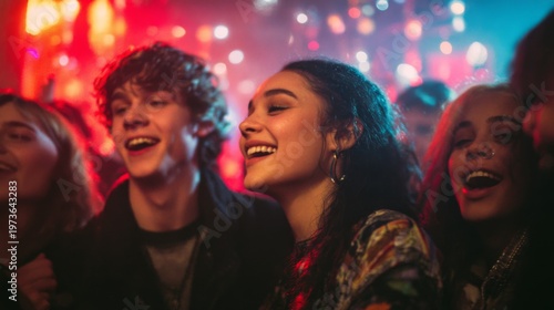 Candid Party Scene with Friends Enjoying Flashing Lights and Laughter in an Energetic Atmosphere