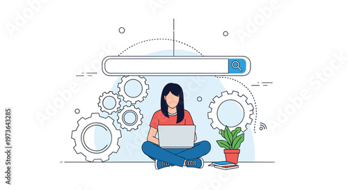 Modern flat illustration of a young woman working on her laptop with a search bar and gears in the background representing web design concepts.