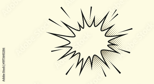 Classic comic book explosion bubble or speech cloud with dynamic lines and halftone patterns for action scenes and creative graphic design art.