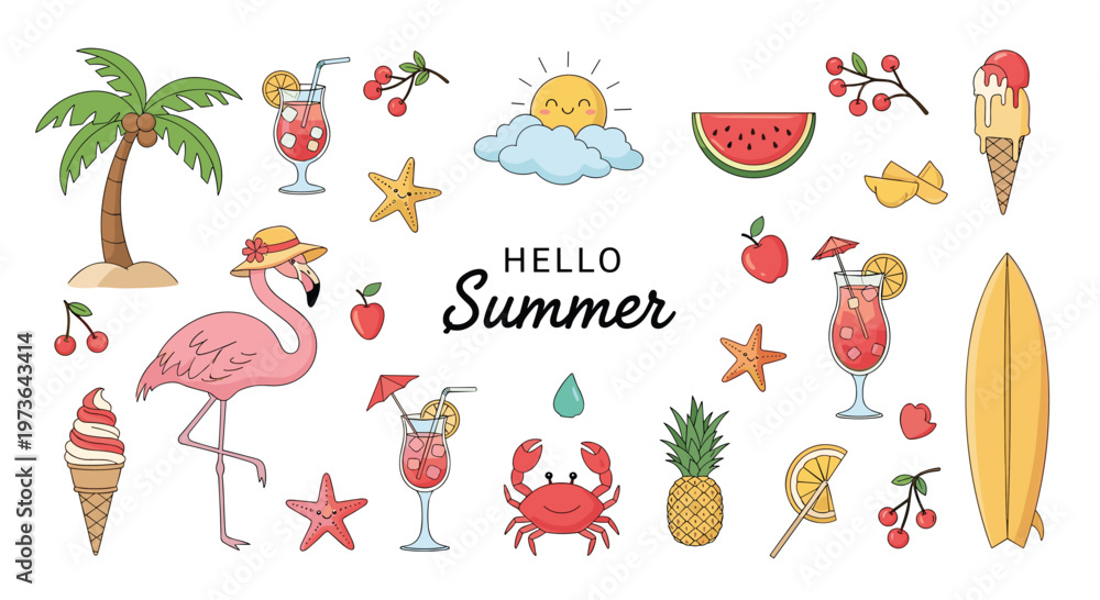 Obraz premium Hello summer collection of colorful stickers featuring tropical elements like flamingo palm tree pineapple and cold refreshing drinks on white.