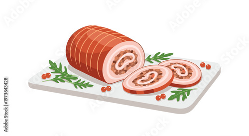 Sliced meat roll served on a white rectangular plate garnished with green arugula leaves and red peppercorns for a gourmet presentation.