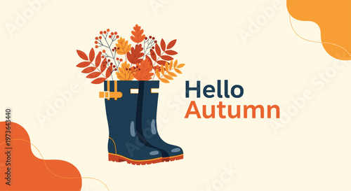 Blue rubber boots filled with a variety of colorful autumn leaves and berries under the text hello autumn in a warm setting.