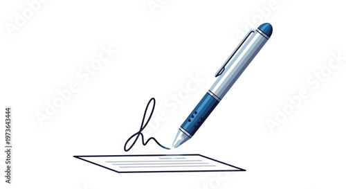 A sleek silver pen featuring a blue grip is captured in the precise act of signing a formal document on a clean white background with elegant ink strokes.