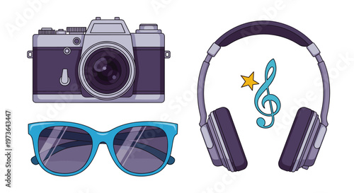 Set of travel and lifestyle items including a vintage camera blue sunglasses and purple headphones with a musical note and star.