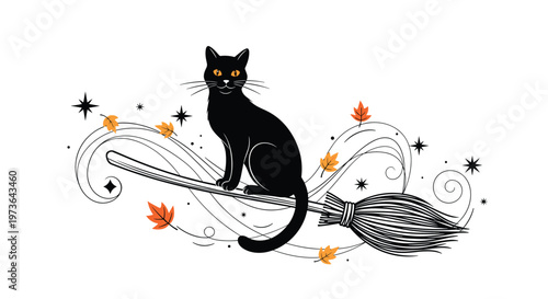 Black cat with glowing orange eyes sitting on a flying broomstick surrounded by autumn leaves and magical swirls on white.