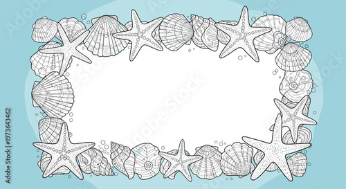 Decorative border frame made of various detailed seashells and starfish on a light blue background for marine themed designs.