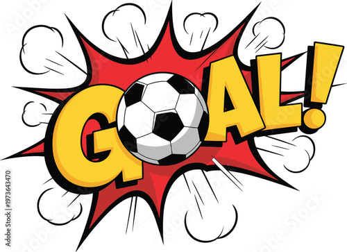 Comic book style goal illustration with soccer ball and pop art explosion effect for sports promotion, football matches, and tournament designs.