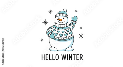 Friendly snowman dressed in a cozy heart patterned blue sweater and matching hat waving a warm greeting for the winter season.