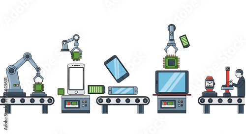 Multiple conveyor belts show robotic arms assembling electronic devices including chips, batteries, and screens in a highly efficient modern factory setting.