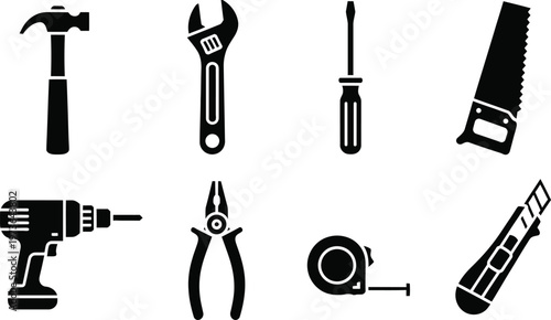 Essential tool icons set black silhouette collection for construction repair and diy projects