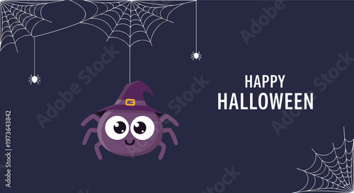 Cheerful purple spider wearing a witch hat hanging from a web to wish a happy Halloween on a dark blue starry night background.