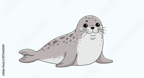 Adorable gray spotted seal pup resting peacefully while looking forward with large friendly black eyes in a cartoon illustration.