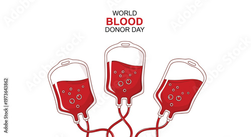 Three bags of life saving blood connected by tubes to commemorate World Blood Donor Day and encourage medical donation efforts.