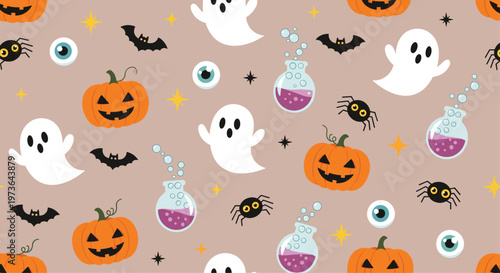 Festive Halloween seamless pattern showcasing jack o lanterns, friendly ghosts, black spiders, and bats flying on a light brown background.