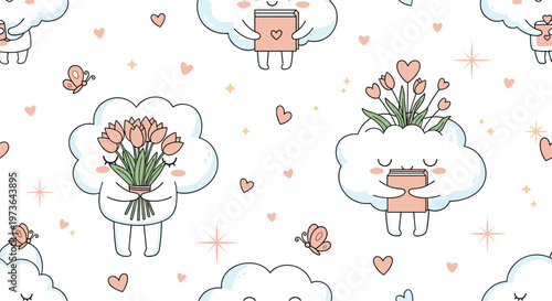Adorable cloud characters seamless pattern featuring cute weather elements with flowers and books for children's textile design and wallpaper.