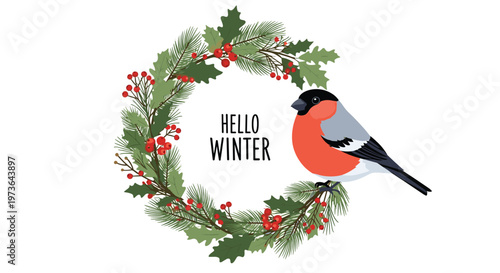 Beautiful winter wreath featuring green pine branches, red holly berries, and a colorful bullfinch bird with the text hello winter in the center.