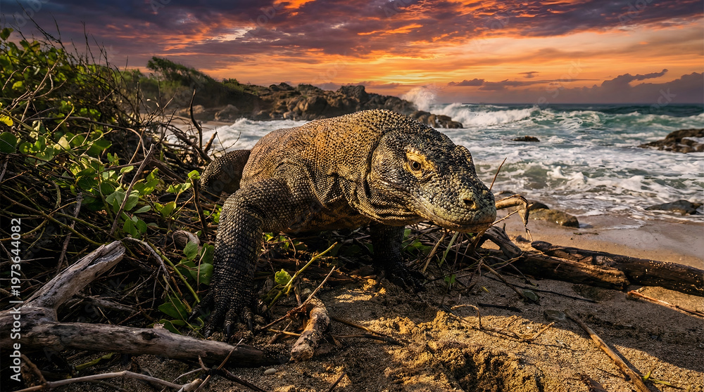 Fototapeta premium Dramatic Komodo dragon on tropical rocky beach at sunset, crashing waves, cinematic wildlife scene, Indonesia natural habitat