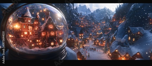 Enchanting Winter Village in Snow Globe and Beyond, Glowing with Festive Lights