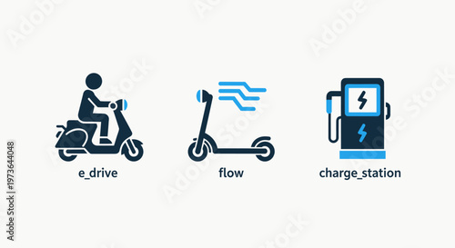 Electric scooter icons with charging station illustration with e scooter with electric vehicle with two wheel with electric power with sustainable energy with mobility solution with zero emission