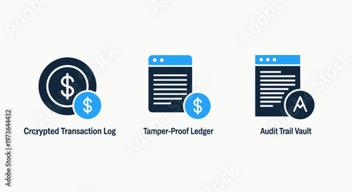 Encrypted transaction log, tamper-proof ledger, and audit trail vault icons