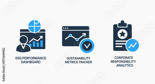 Esg performance dashboard, sustainability metrics tracker, and corporate responsibility analytics icons